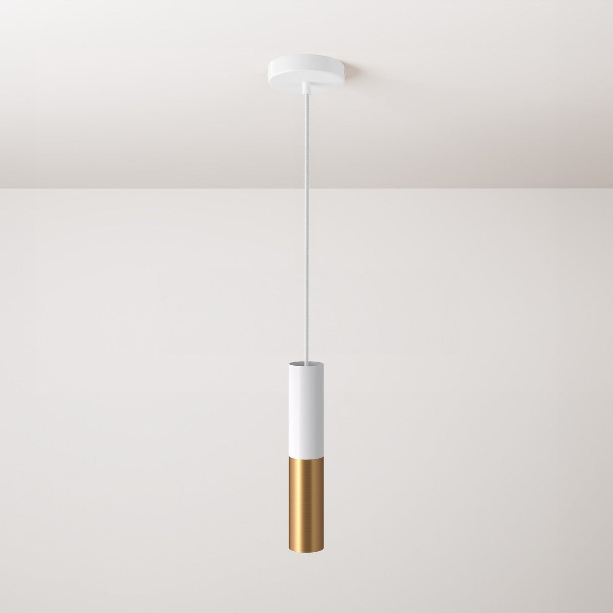 Pendelleuchte mit Stoffkabel und Doppelschirm Tub-E14 – Mattweiß und gebürstete Bronze