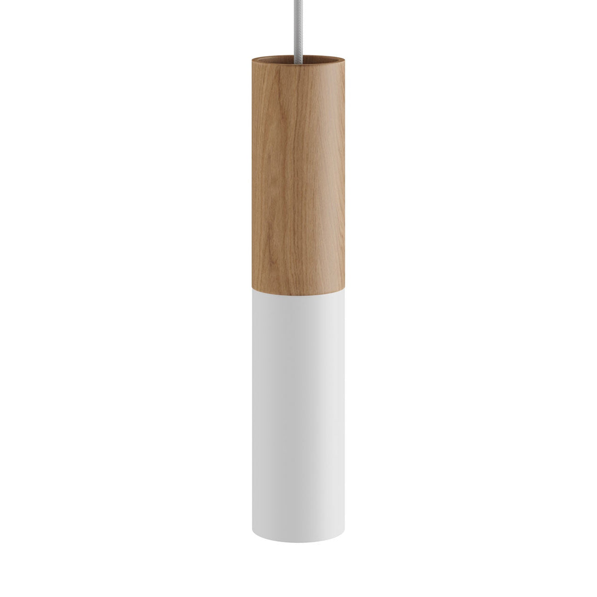 Pendelleuchte komplett mit Textilkabel und Doppel-Lampenschirm Tub-E14 aus Holz und Metall – Mattweiß