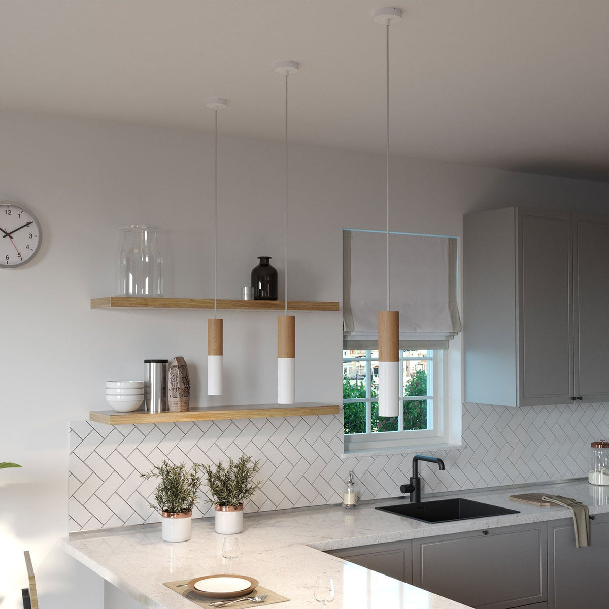 Pendelleuchte komplett mit Textilkabel und Doppel-Lampenschirm Tub-E14 aus Holz und Metall – Mattweiß – Ansicht 3