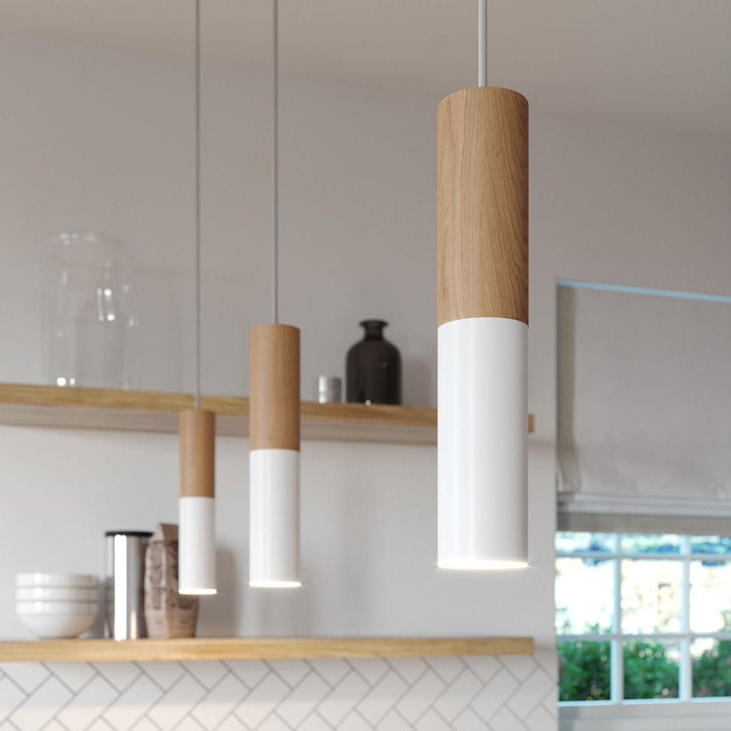 Pendelleuchte komplett mit Textilkabel und Doppel-Lampenschirm Tub-E14 aus Holz und Metall – Mattweiß – Ansicht 4