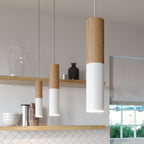 Pendelleuchte komplett mit Textilkabel und Doppel-Lampenschirm Tub-E14 aus Holz und Metall – Mattweiß – Ansicht 4