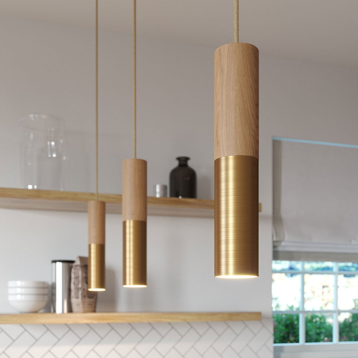 Pendelleuchte komplett mit Textilkabel und doppeltem Tub-E14 Lampenschirm aus Holz und Metall – Satiniertes Bronze – Ansicht 4