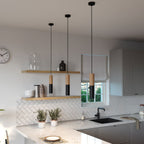 Pendelleuchte komplett mit Textilkabel und Doppelschirm Tub-E14 aus Holz und Metall – Schwarz – Ansicht 3
