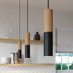 Pendelleuchte komplett mit Textilkabel und Doppelschirm Tub-E14 aus Holz und Metall – Schwarz – Ansicht 4