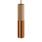 Komplette Pendelleuchte mit Textilkabel und doppeltem Tub-E14-Lampenschirm aus Holz und Metall – Mattkupfer