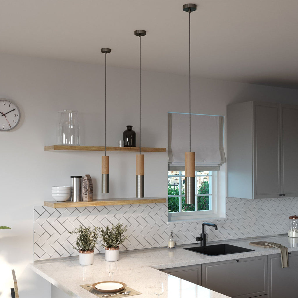 Pendelleuchte komplett mit Textilkabel und Doppelschirm Tub-E14 aus Holz und Metall – Satiniert Titan – Ansicht 3