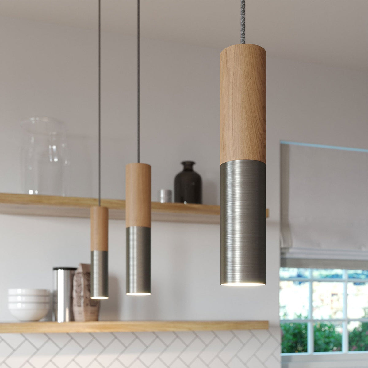 Pendelleuchte komplett mit Textilkabel und Doppelschirm Tub-E14 aus Holz und Metall – Satiniert Titan – Ansicht 4