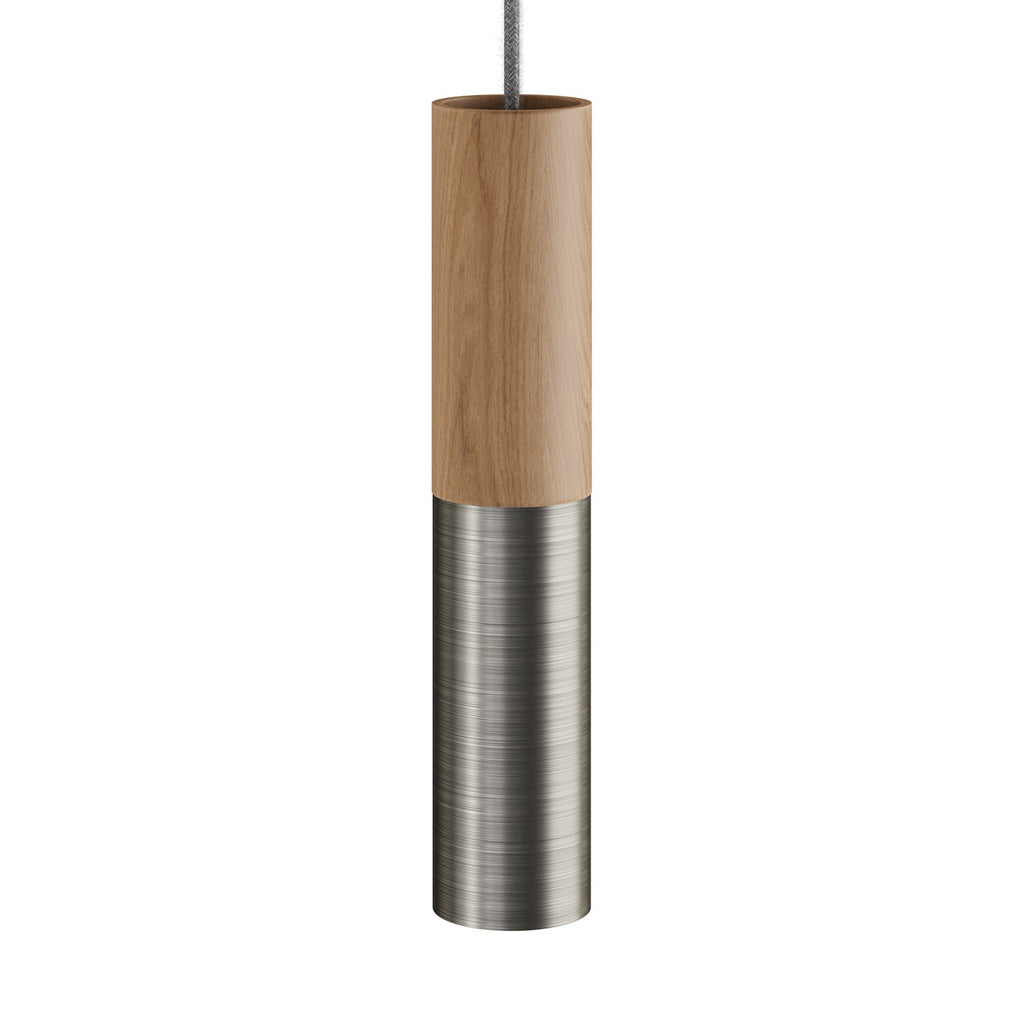 Pendelleuchte komplett mit Textilkabel und Doppelschirm Tub-E14 aus Holz und Metall – Satiniert Titan