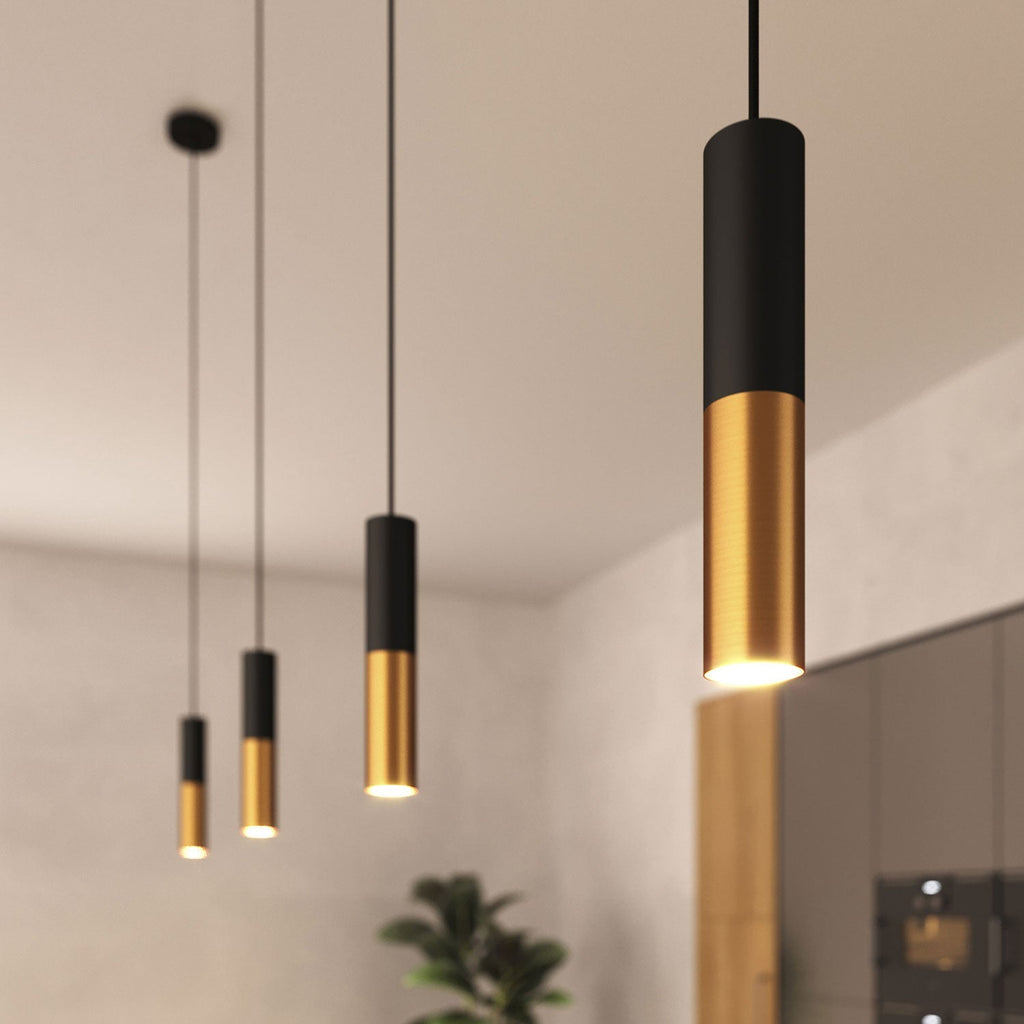 Komplette Pendelleuchte mit Textilkabel und doppeltem Tub-E14-Lampenschirm – Schwarz und Gebürstetes Bronze – Ansicht 3
