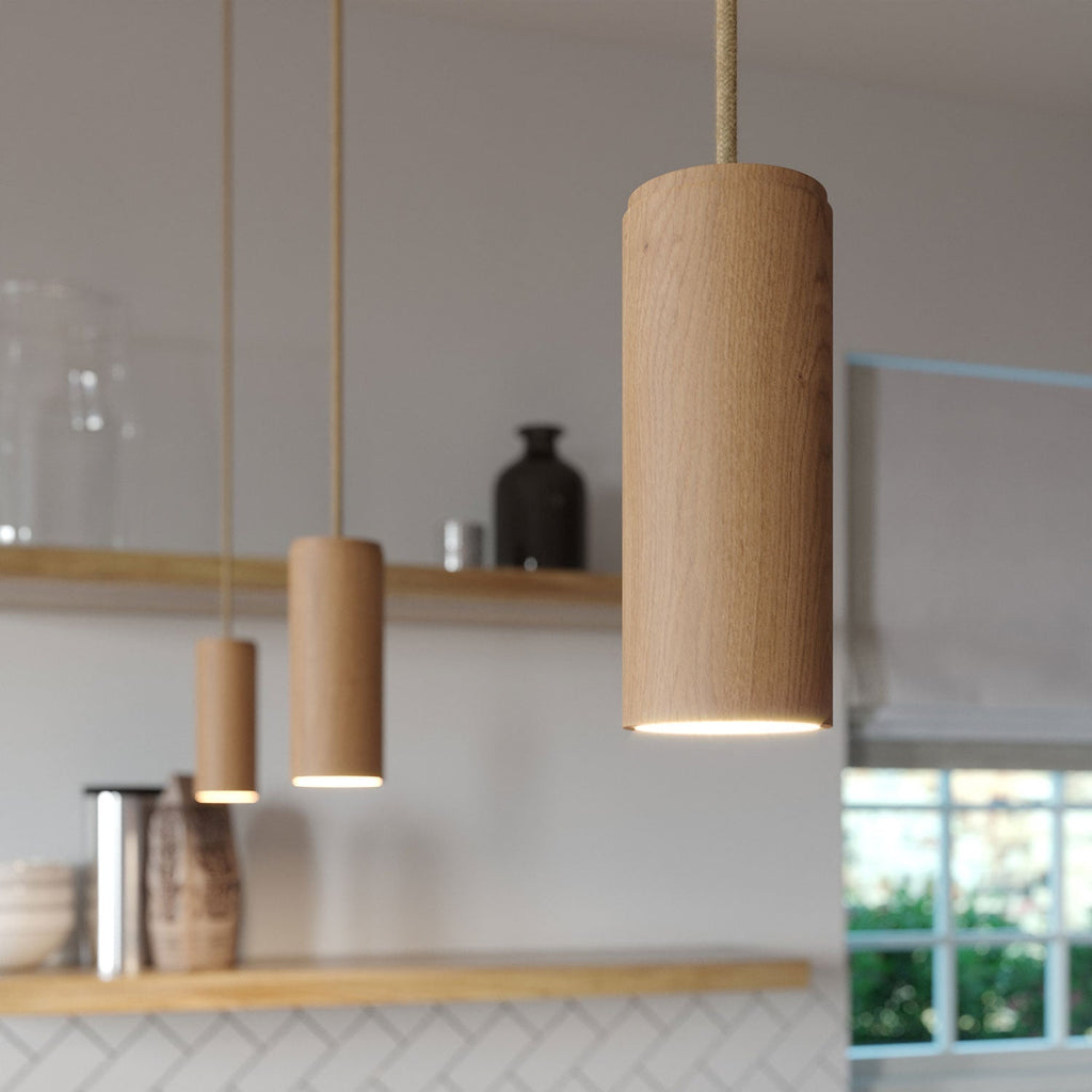 Pendelleuchte mit Textilkabel und Tub-E14-Lampenschirm aus Holz – Neutral – Ansicht 3