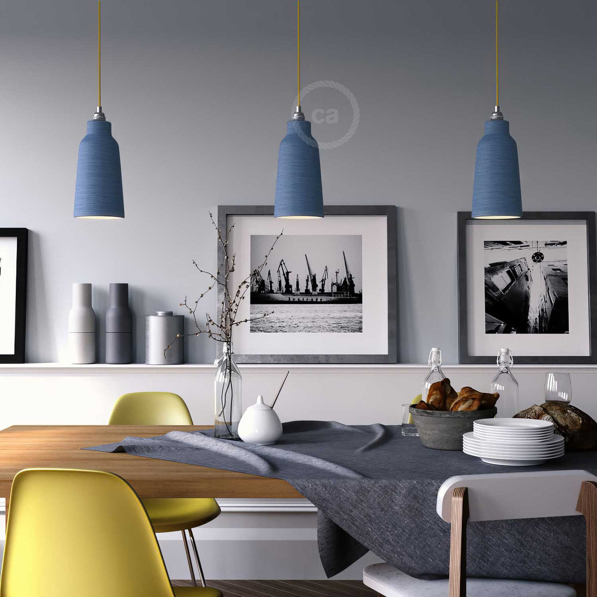 Pendelleuchte komplett mit Textilkabel, Lampenschirm Flasche aus Keramik und Metalldetails – Gestreift Avion – Ansicht 2