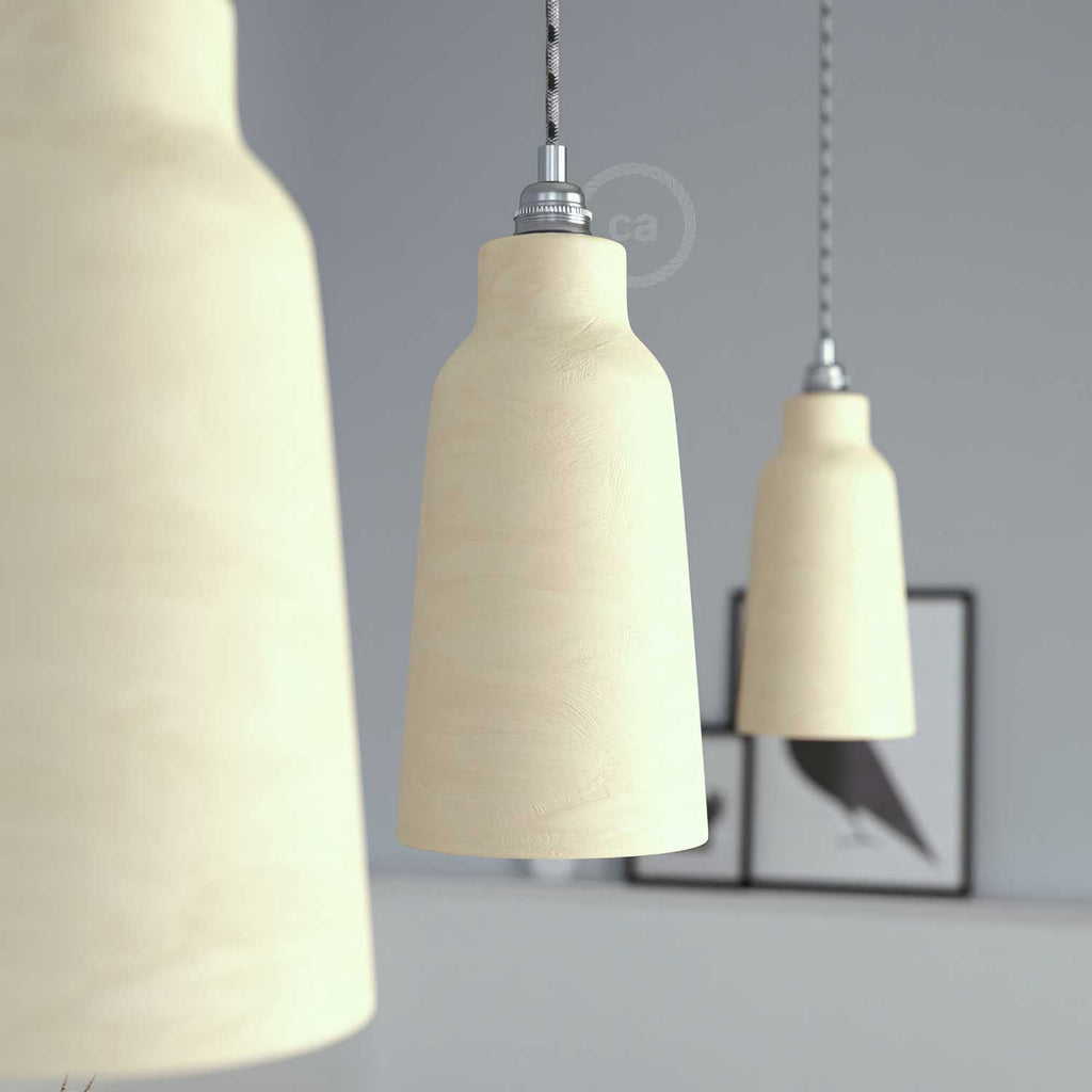 Komplette Pendellampe mit Stoffkabel, Flaschenschirm aus Keramik und Metallakzenten – Taupe gestreift – Ansicht 3