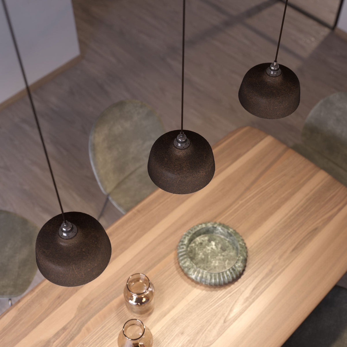 Hängeleuchte komplett mit Stoffkabel, Coppa-Keramikschirm und Metallveredelungen – Corten-Effekt – Ansicht 3