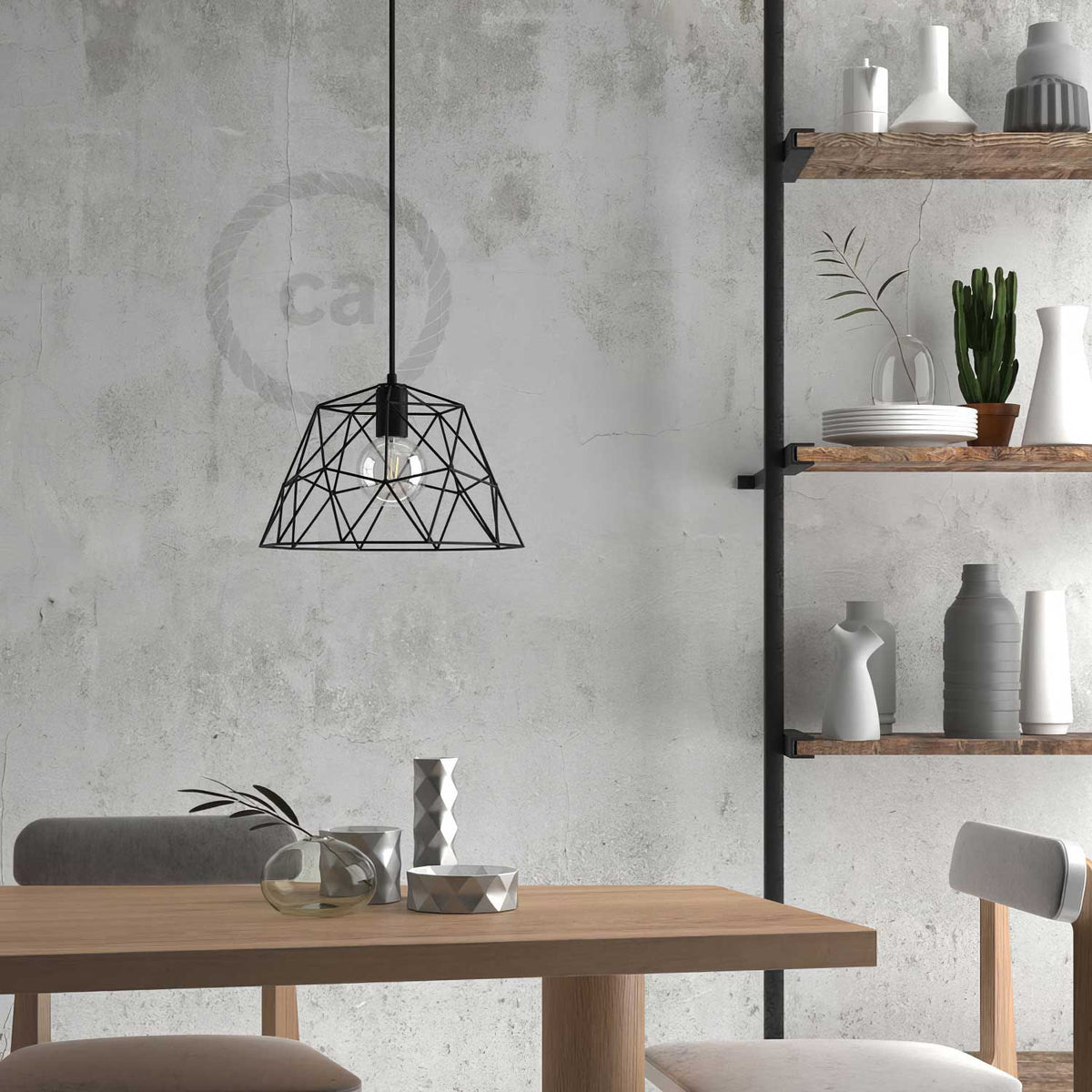 Komplette Pendelleuchte mit Textilkabel, Dome-Schirm und Metallfinish – Schwarz – Ansicht 3