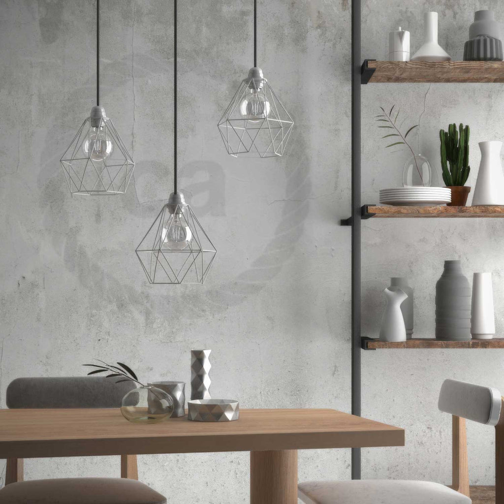 Pendelleuchte komplett mit Textilkabel, Diamond-Käfigschirm und Metall-Details – Weiß – Ansicht 3