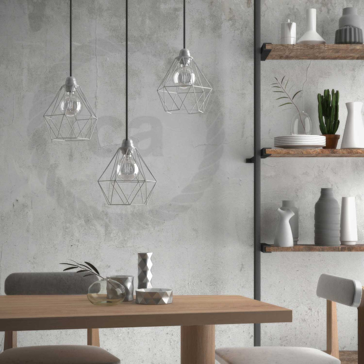 Pendelleuchte komplett mit Textilkabel, Diamond-Käfigschirm und Metall-Details – Weiß – Ansicht 3