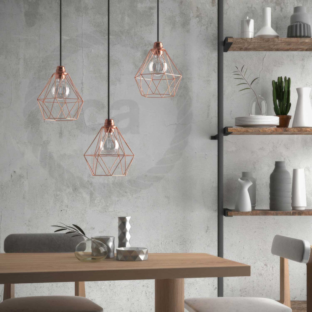Komplette Pendelleuchte mit Textilkabel, Käfig-Lampenschirm Diamond und Metall-Details – Kupfer – Ansicht 3