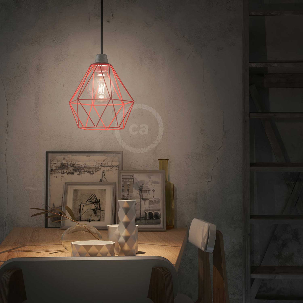 Pendelleuchte mit Textilkabel, Käfig-Schirm Diamond und Metall-Details – Rot – Ansicht 2
