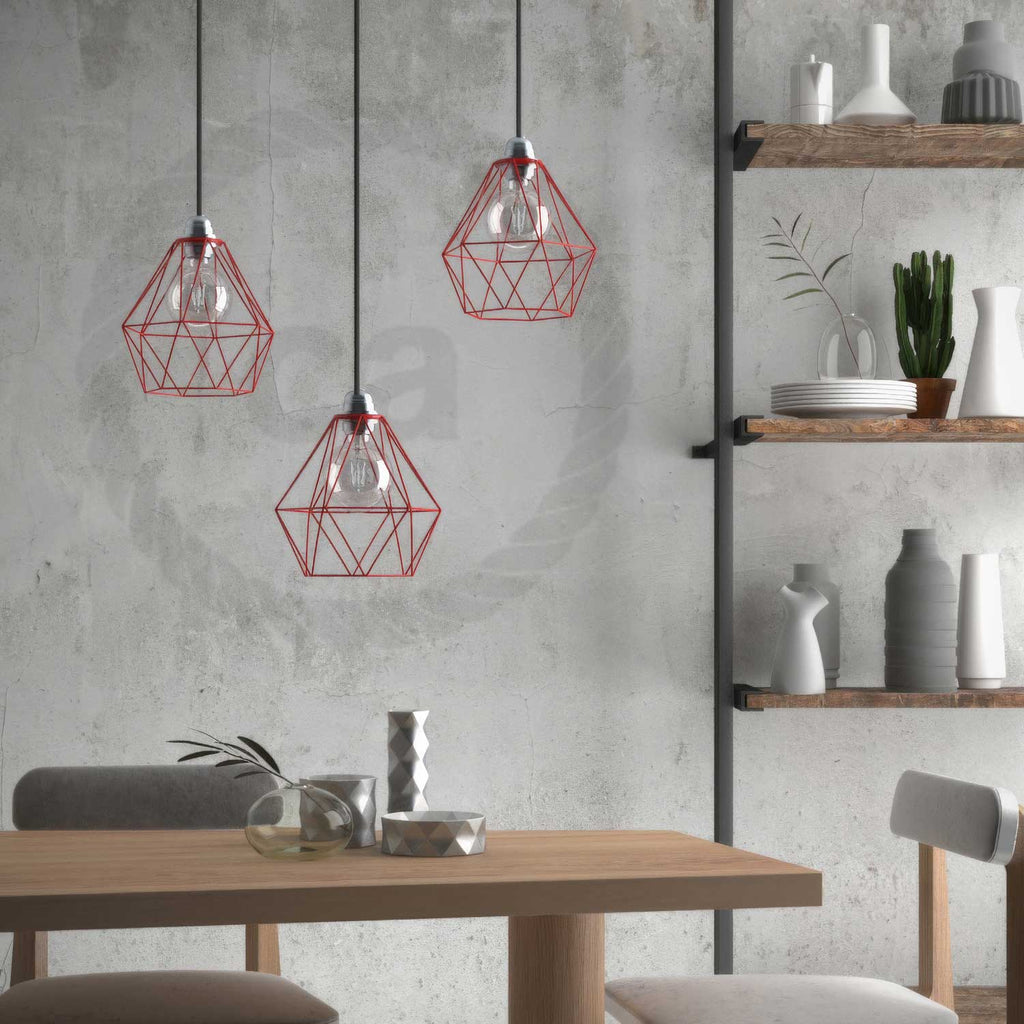 Pendelleuchte mit Textilkabel, Käfig-Schirm Diamond und Metall-Details – Rot – Ansicht 3