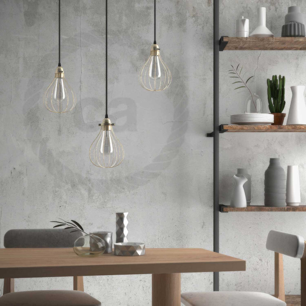 Komplette Pendelleuchte mit Textilkabel, Käfigschirm Drop und Metall-Details - Messing – Ansicht 4