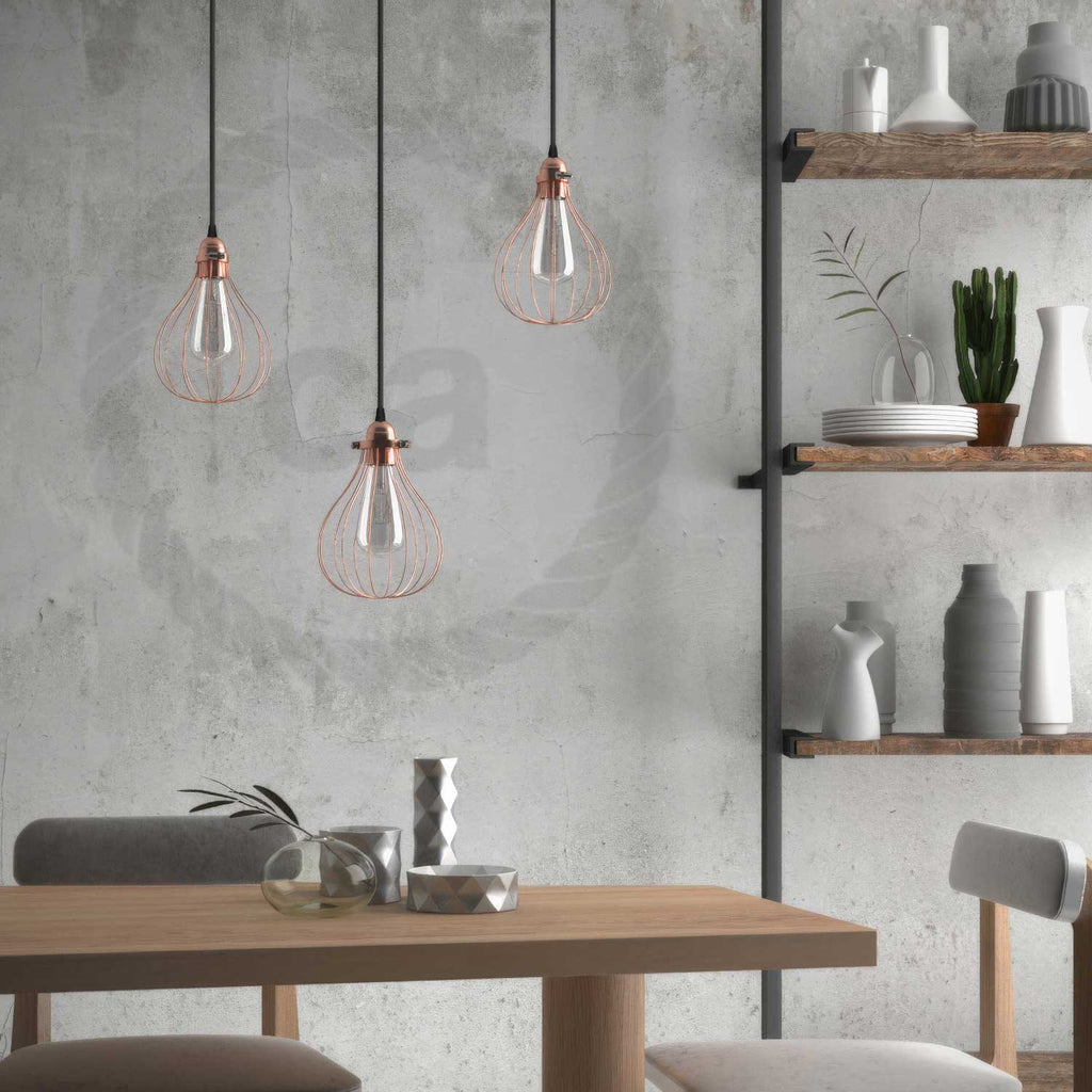 Pendelleuchte komplett mit Stoffkabel, Schirmgitter Drop und Metallakzenten – Kupfer – Ansicht 4