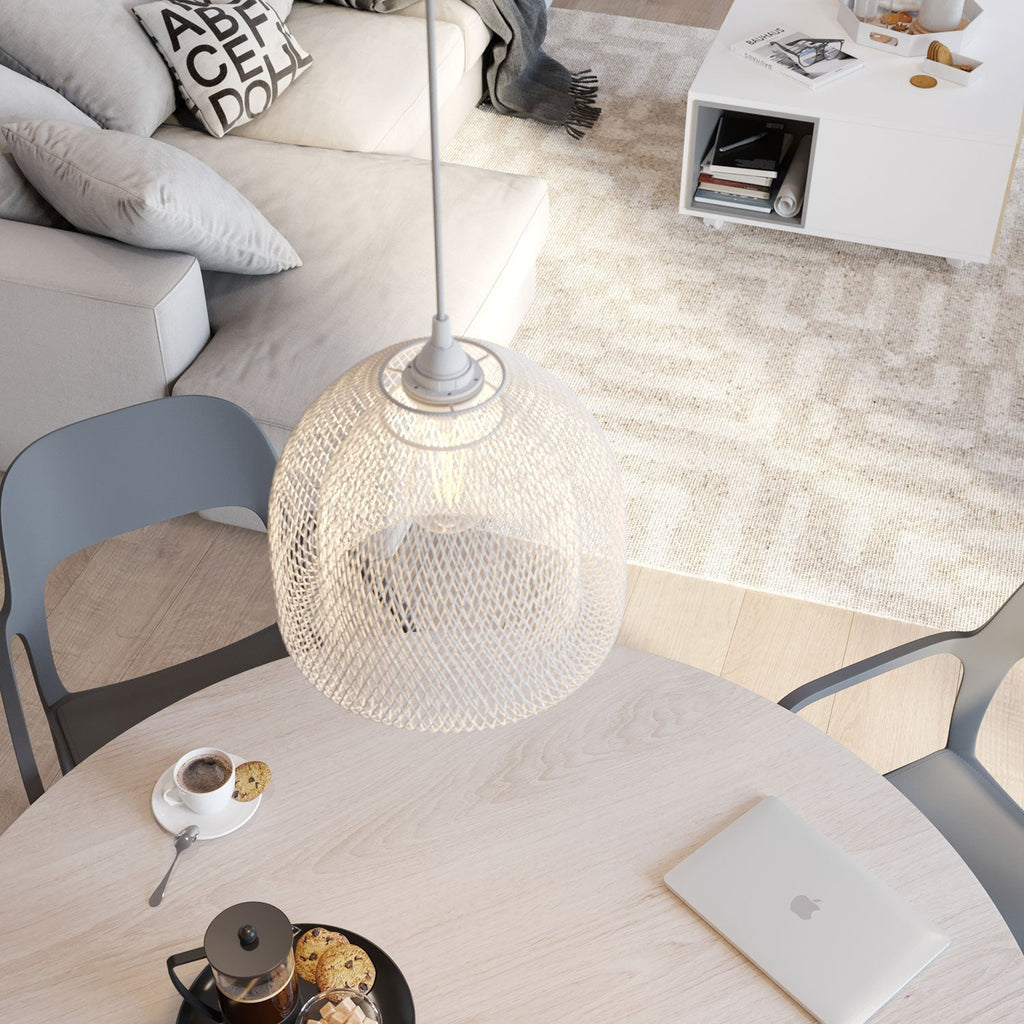 Pendelleuchte komplett mit Textilkabel, Ghostbell XL Gitter-Lampenschirm und Metalloberflächen – Weiß – Ansicht 2