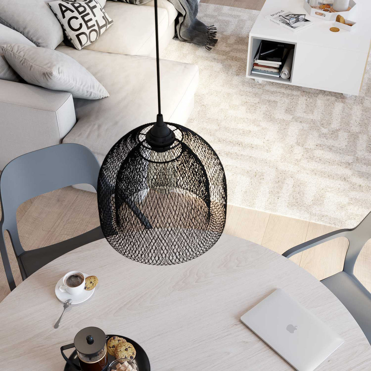 Pendelleuchte komplett mit Textilkabel, Ghostbell XL-Käfigschirm und Metallakzenten – Schwarz – Ansicht 2