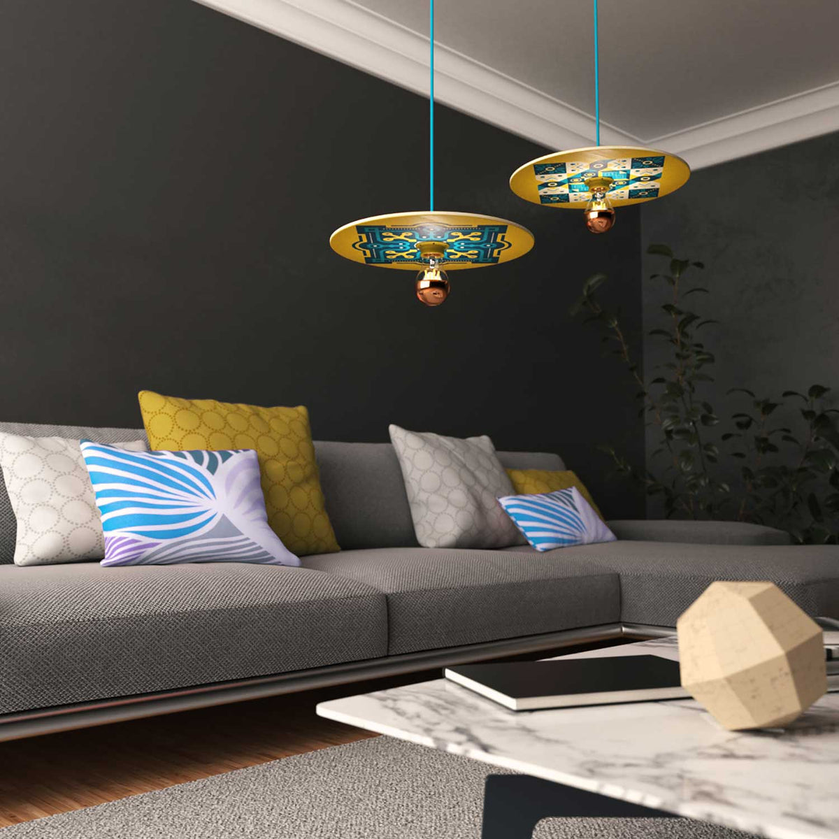 Pendelleuchte komplett mit Textilkabel, doppelseitigem Holzschirm UFO und Metallakzenten – ODD – Ansicht 4