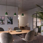 Pendellampe komplett mit Textilkabel, Vasen-Lampenschirm aus Keramik und Metalldetails – Gestreiftes Evergreen – Ansicht 2
