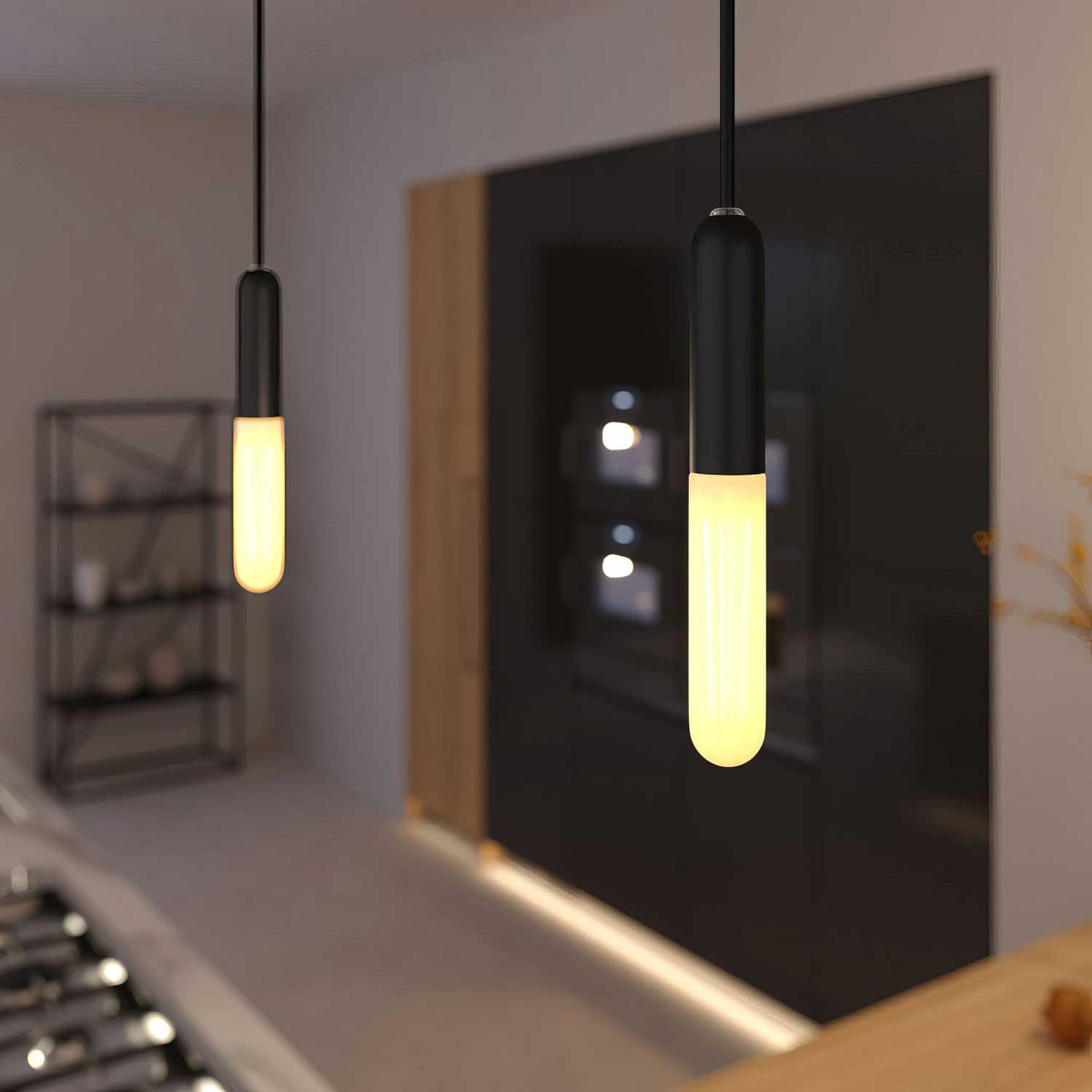 Hängeleuchte mit Textilkabel, E14 P-Light Lampenfassung und Metallakzenten – Schwarz – Ansicht 2