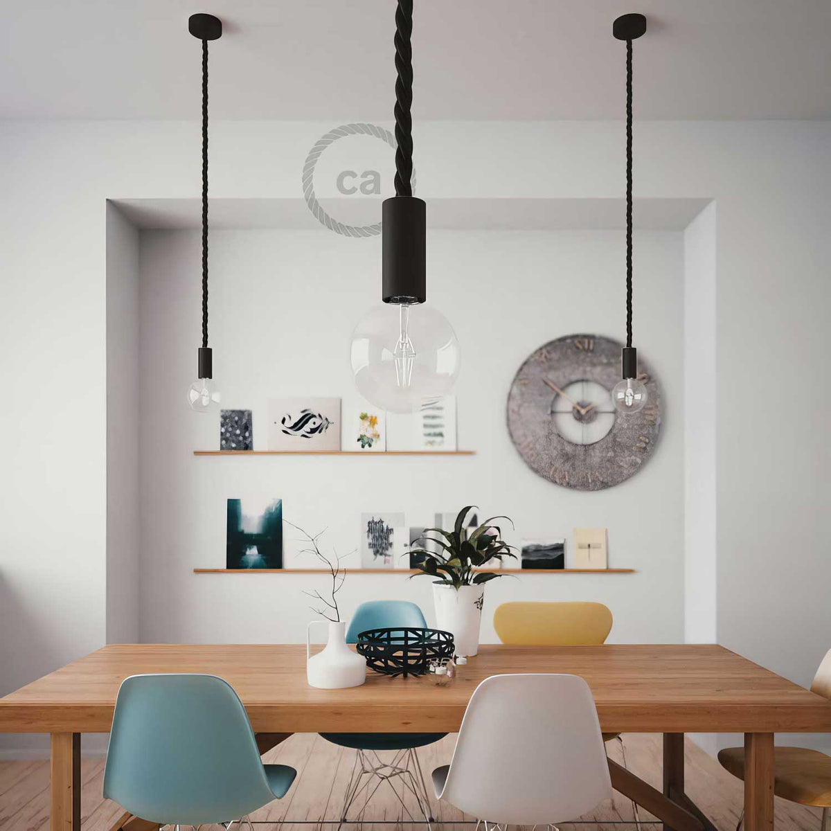 Pendelleuchte komplett mit nautischem Kordel 2XL 24 mm und Holzdetails – Schwarz – Ansicht 3