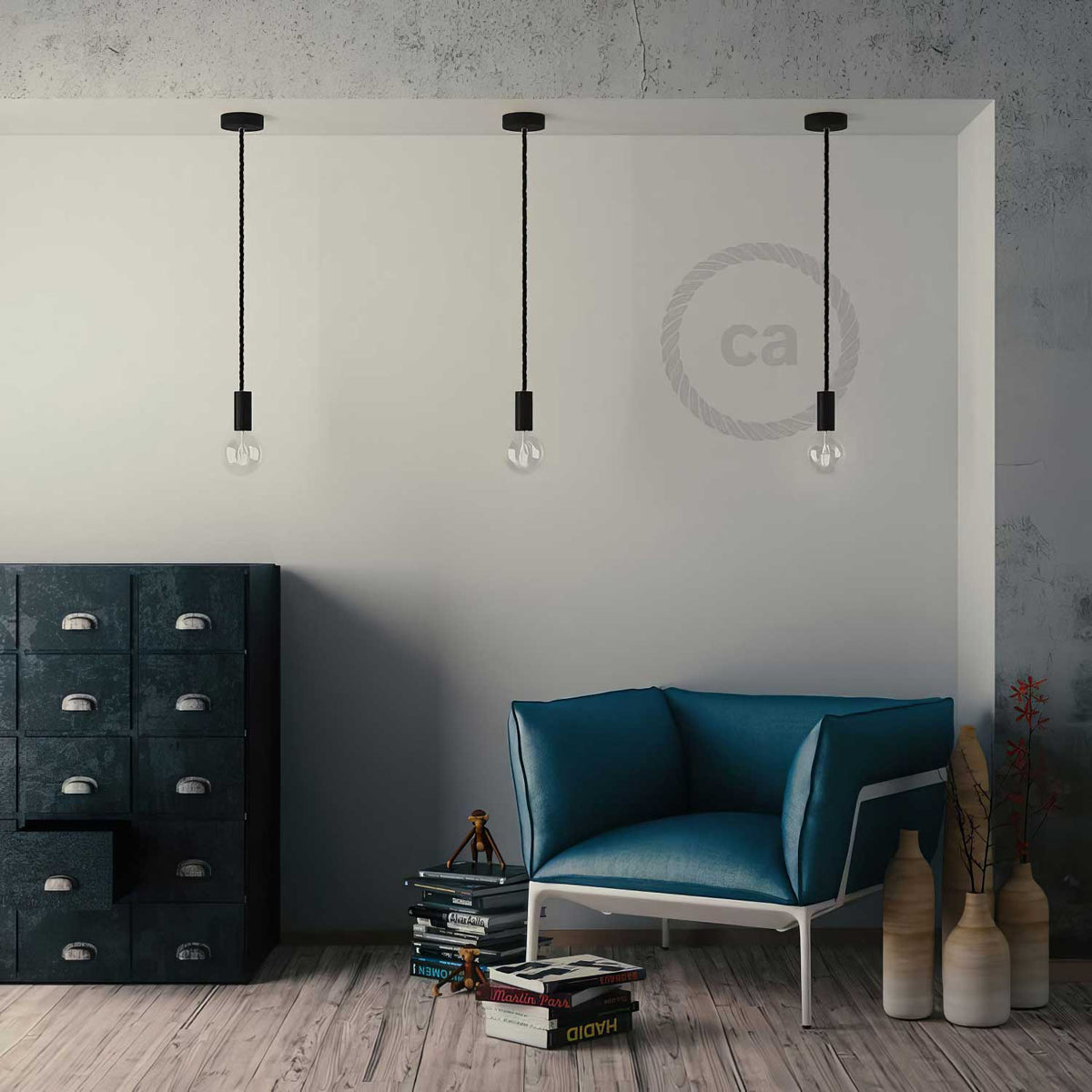 Pendelleuchte komplett mit XL-Tau 16 mm mit lackierten Holzdetails – Schwarz – Ansicht 3