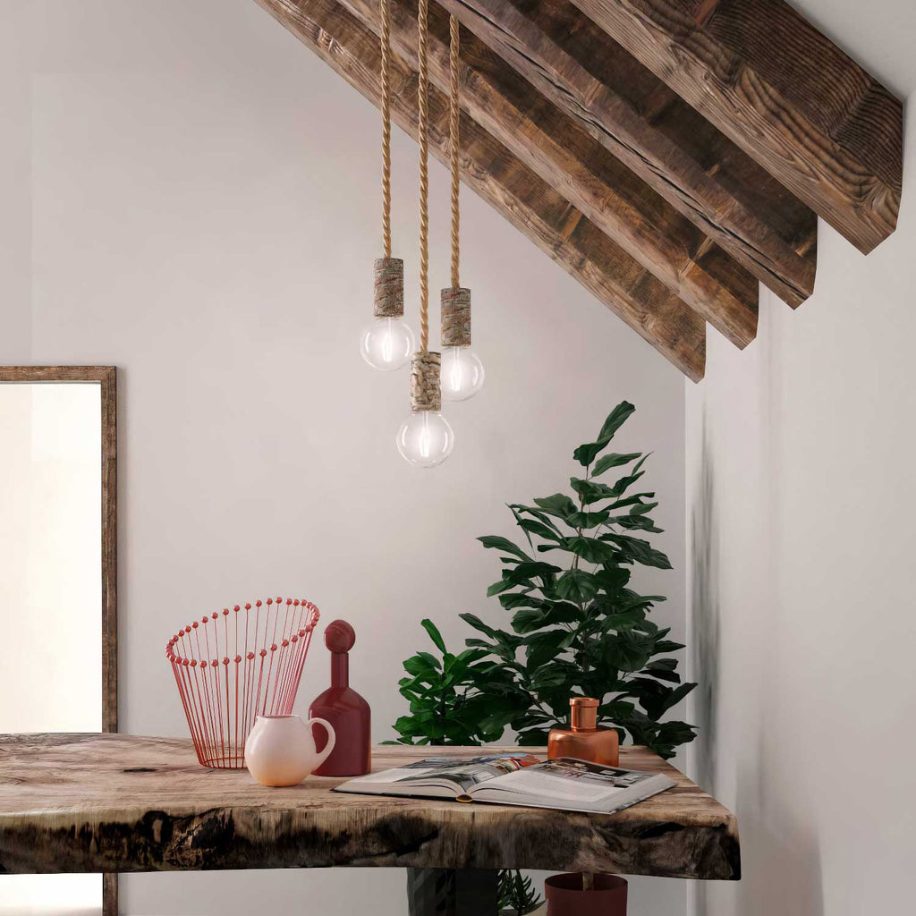 Pendelleuchte komplett mit XL-Nautikseil und Lampenfassung aus Rinde Small – Rinde – Ansicht 3