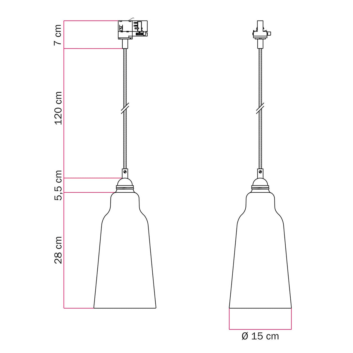 Pendelleuchte mit Flaschenlampenschirm und Adapter für Schienensystem - Gestreiftes Korallenrot – Ansicht 6