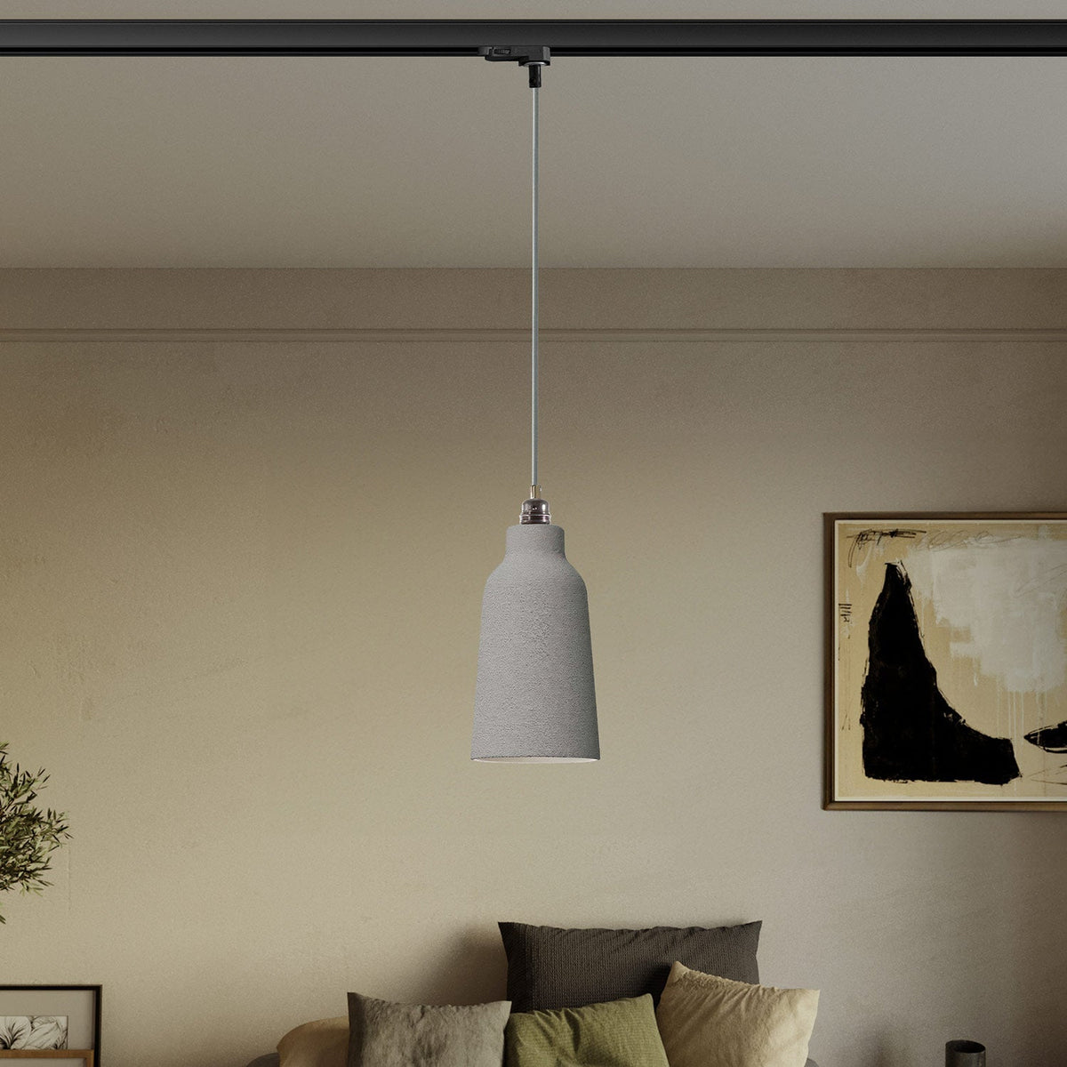 Pendelleuchte mit Flaschen-Lampenschirm und Schienenadapter – Beton-Effekt – Ansicht 2