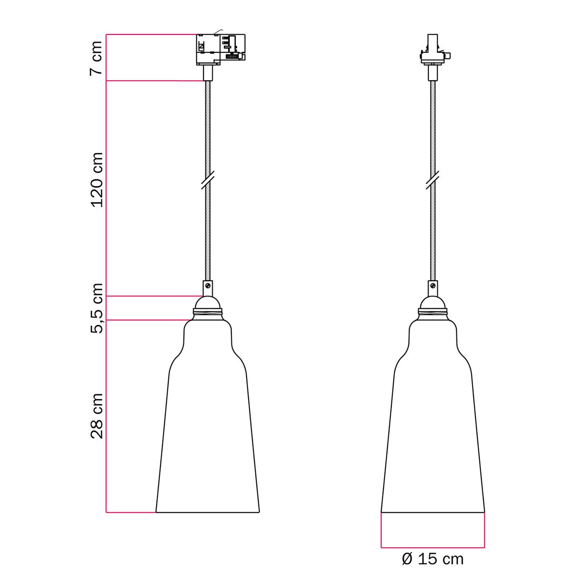 Hängelampe mit Flaschenschirm und Schienenadapter – Cortenoptik – Ansicht 6