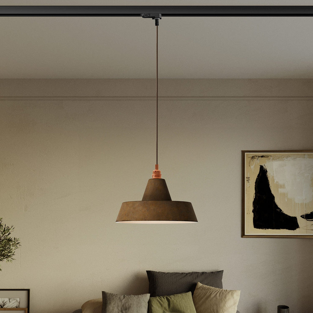 Schienen-Pendelleuchte mit Keramik-Lampenschirm im Industrie-Stil – Corten-Effekt – Ansicht 2