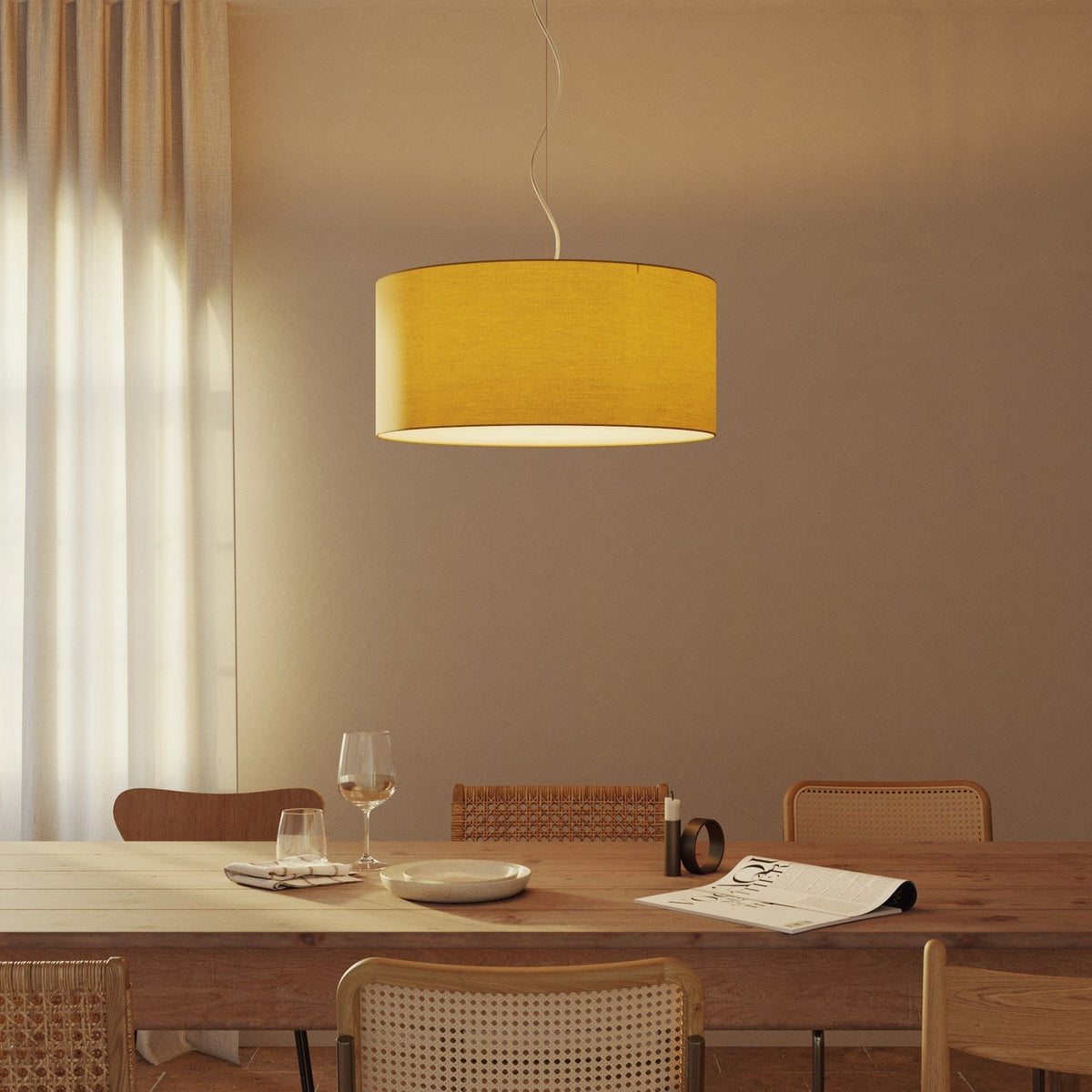 Pendelleuchte mit großem Zylinderschirm aus Stoff – Made in Italy – Arenal Gold – Ansicht 8