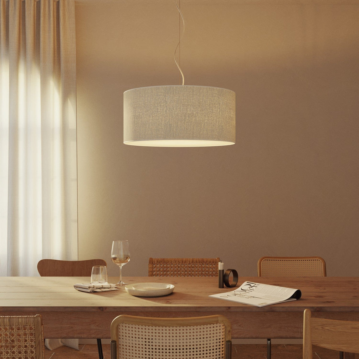 Hängeleuchte mit großem Zylinder-Lampenschirm aus Stoff – Made in Italy – Helle Jute – Ansicht 8