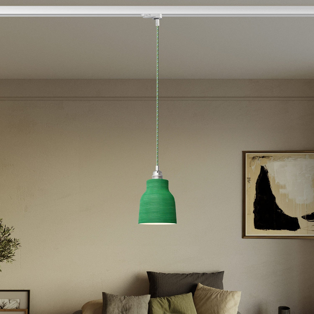 Pendelleuchte mit Vaso-Schirm und Adapter für Schienensystem – Gestreiftes Evergreen – Ansicht 2