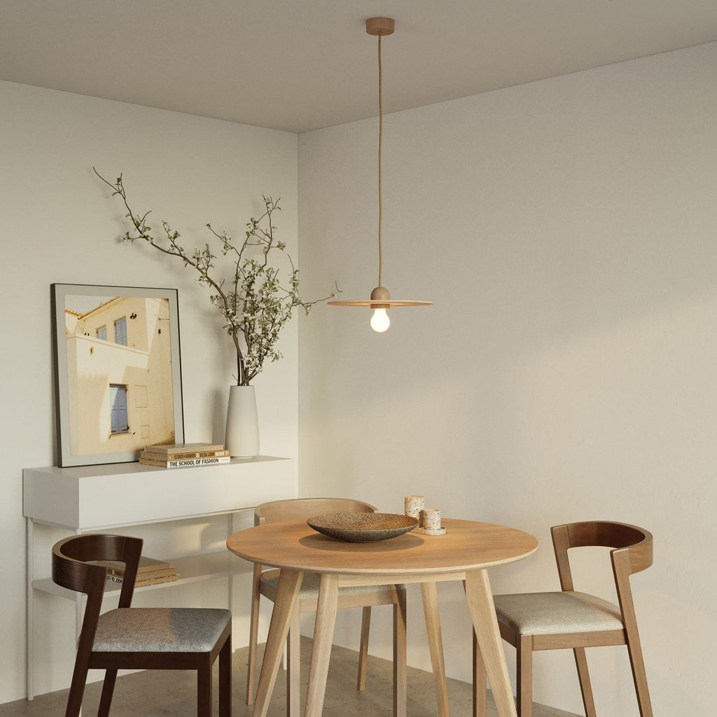 Pendelleuchte aus Holz komplett mit Textilkabel und UFO-Lampenschirm – Neutral – Ansicht 2
