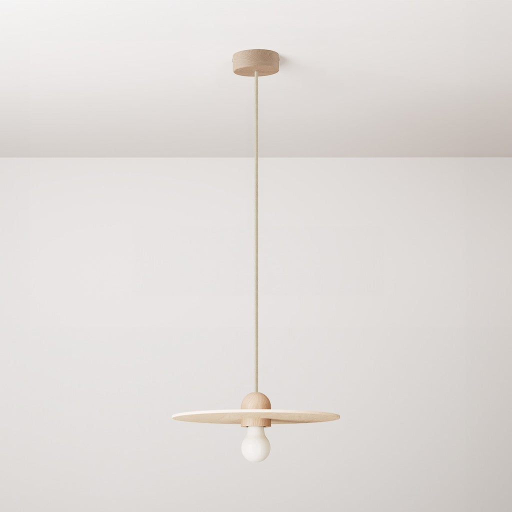 Pendelleuchte aus Holz komplett mit Textilkabel und UFO-Lampenschirm – Neutral