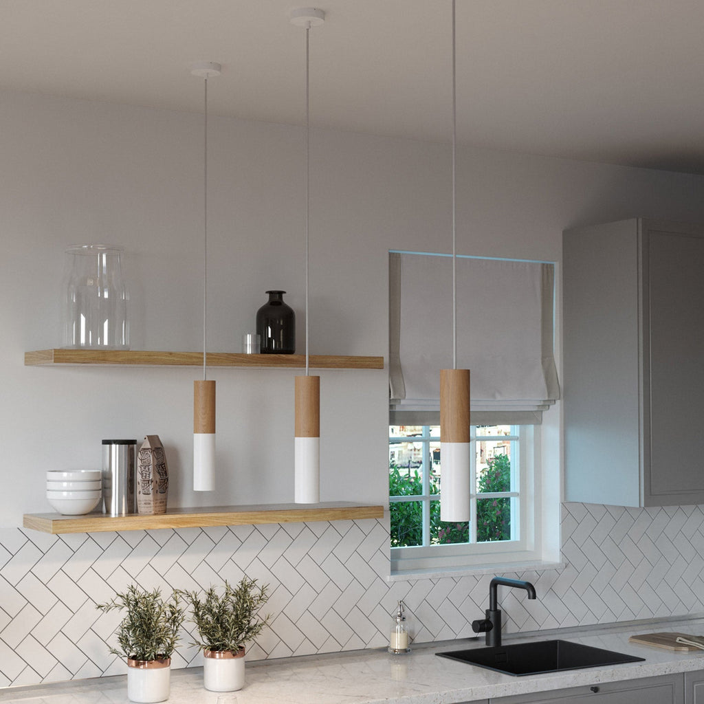 Pendelleuchte Made in Italy mit Textilkabel und doppeltem Tub-E14-Lampenschirm aus Holz und Metall – Mattweiß – Ansicht 2