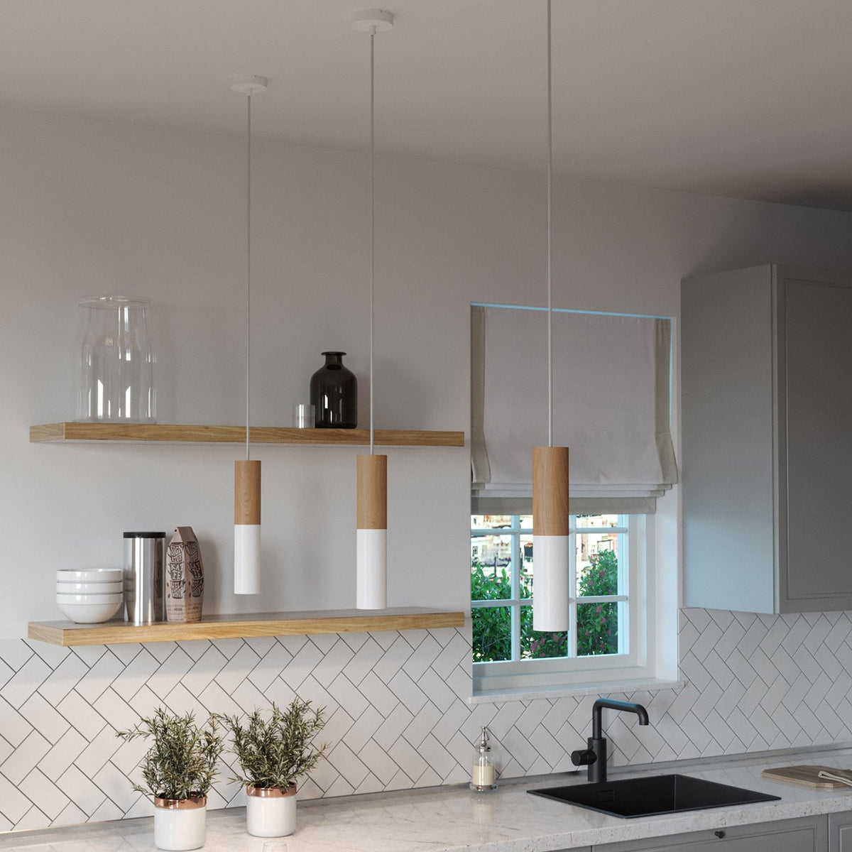 Pendelleuchte Made in Italy mit Textilkabel und doppeltem Tub-E14-Lampenschirm aus Holz und Metall – Mattweiß – Ansicht 2
