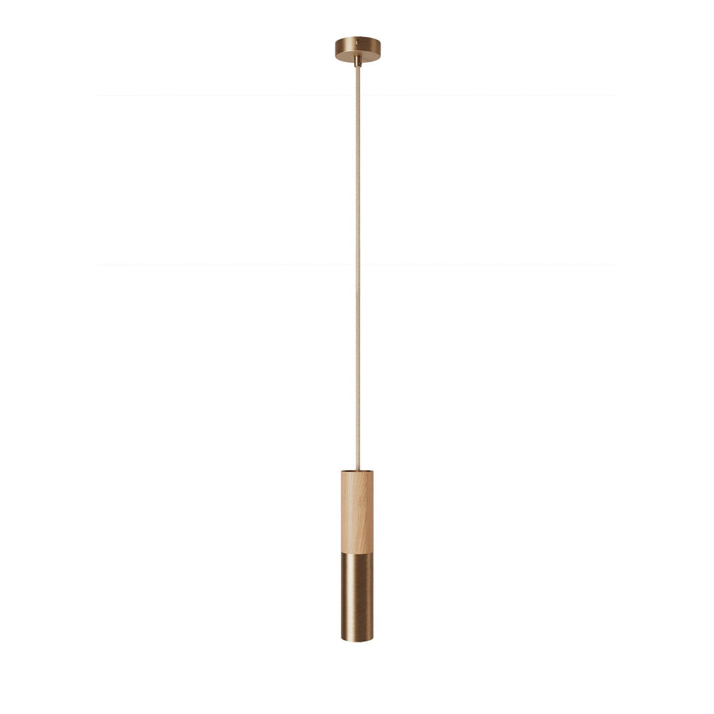 Pendelleuchte Made in Italy komplett mit Textilkabel und doppeltem Tub-E14-Schirm aus Holz und Metall – Satin-Bronze