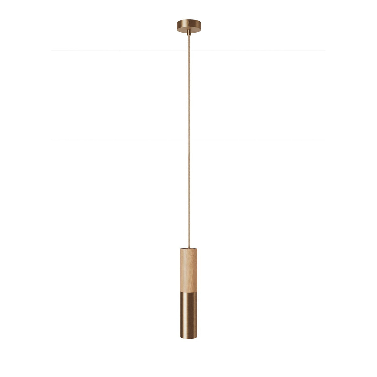 Pendelleuchte Made in Italy komplett mit Textilkabel und doppeltem Tub-E14-Schirm aus Holz und Metall – Satin-Bronze