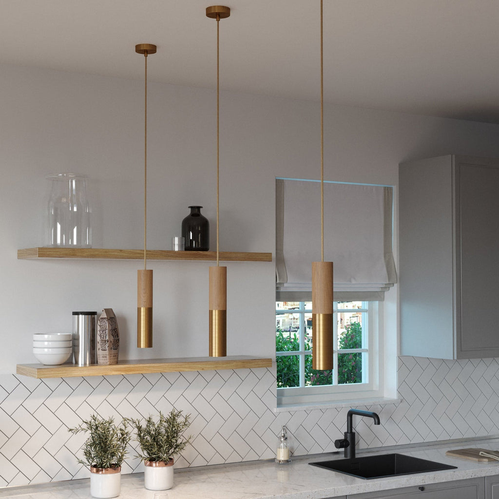 Pendelleuchte Made in Italy komplett mit Textilkabel und doppeltem Tub-E14-Schirm aus Holz und Metall – Satin-Bronze – Ansicht 2