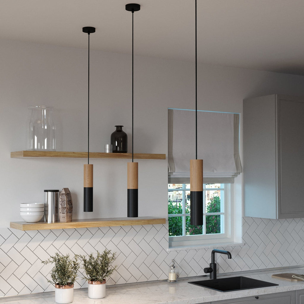 Pendelleuchte Made in Italy komplett mit Textilkabel und doppeltem Tub-E14-Lampenschirm aus Holz und Metall – Schwarz – Ansicht 2
