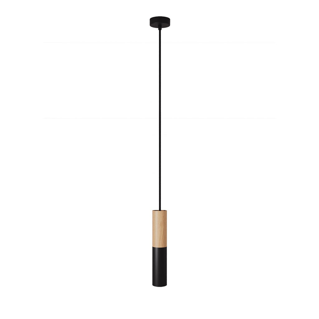 Pendelleuchte Made in Italy komplett mit Textilkabel und doppeltem Tub-E14-Lampenschirm aus Holz und Metall – Schwarz