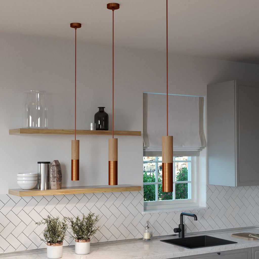 Pendelleuchte Made in Italy mit Textilkabel und doppeltem Tub-E14 Schirm aus Holz und Metall – Satin-Kupfer – Ansicht 2